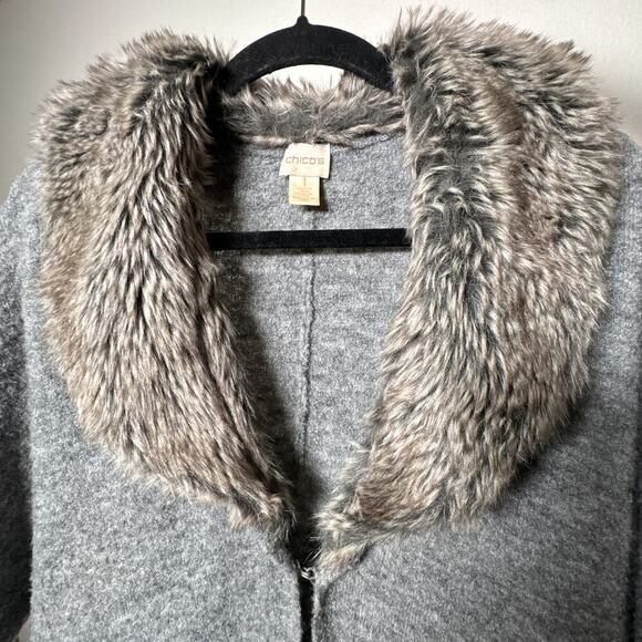 Chico’s Lillian Gray Wool Blend Faux Fur Collar Cardigan Sweater - Picture 4 of 15